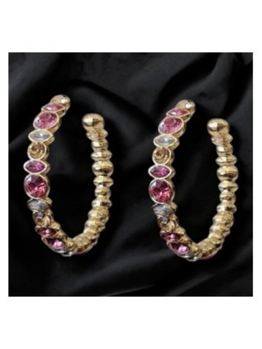 Pink Blue Topaz Rhinestone Goldtone Stud Hoop Earrings